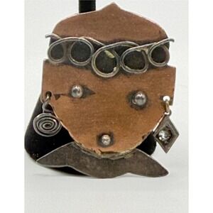 Vintage Artisan Copper Face Brooch Mixed Metal Dangle Earrings